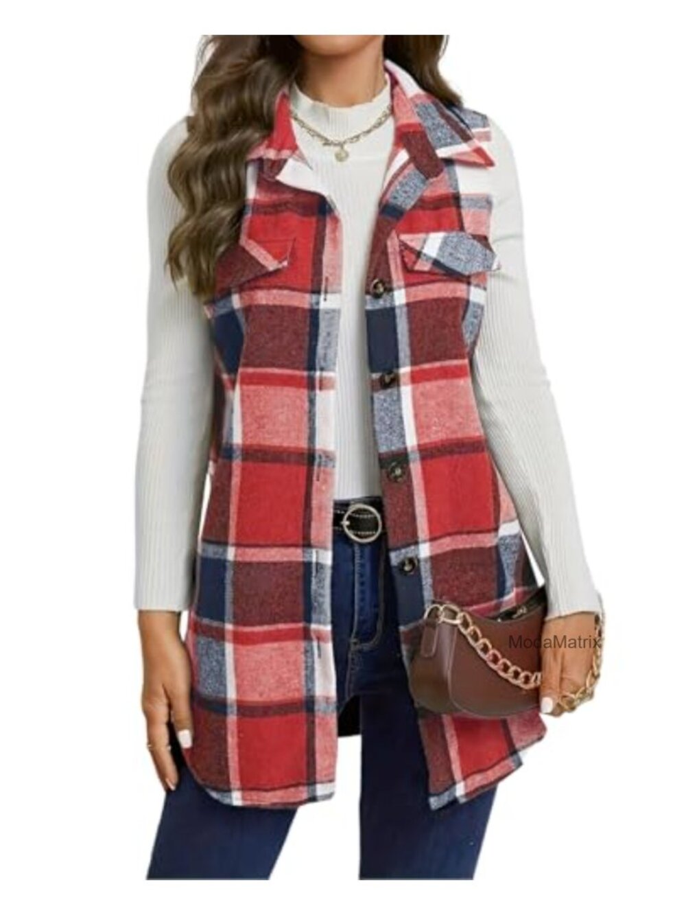 Plaid Flannel Button Down Sleeveless Long Vest Shacket Outerwear